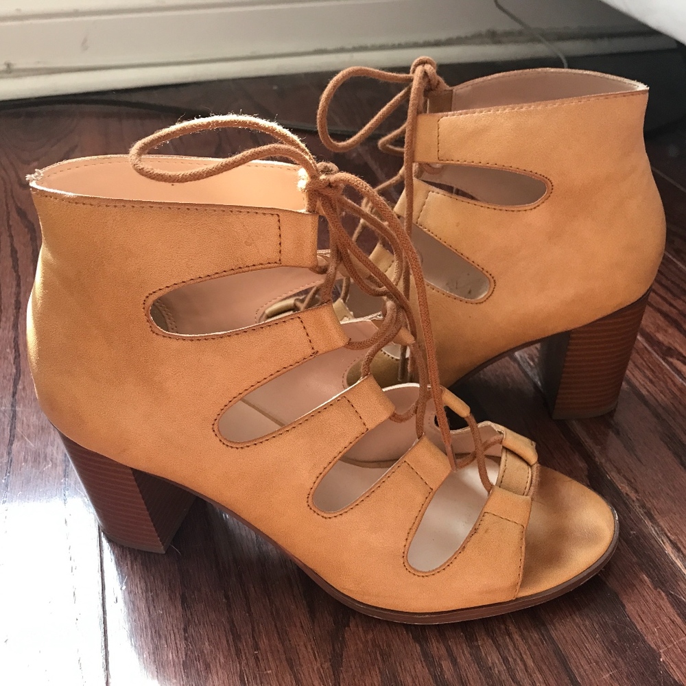 Lulu's Tan Lace-Up Cutout Block Heel Sandals